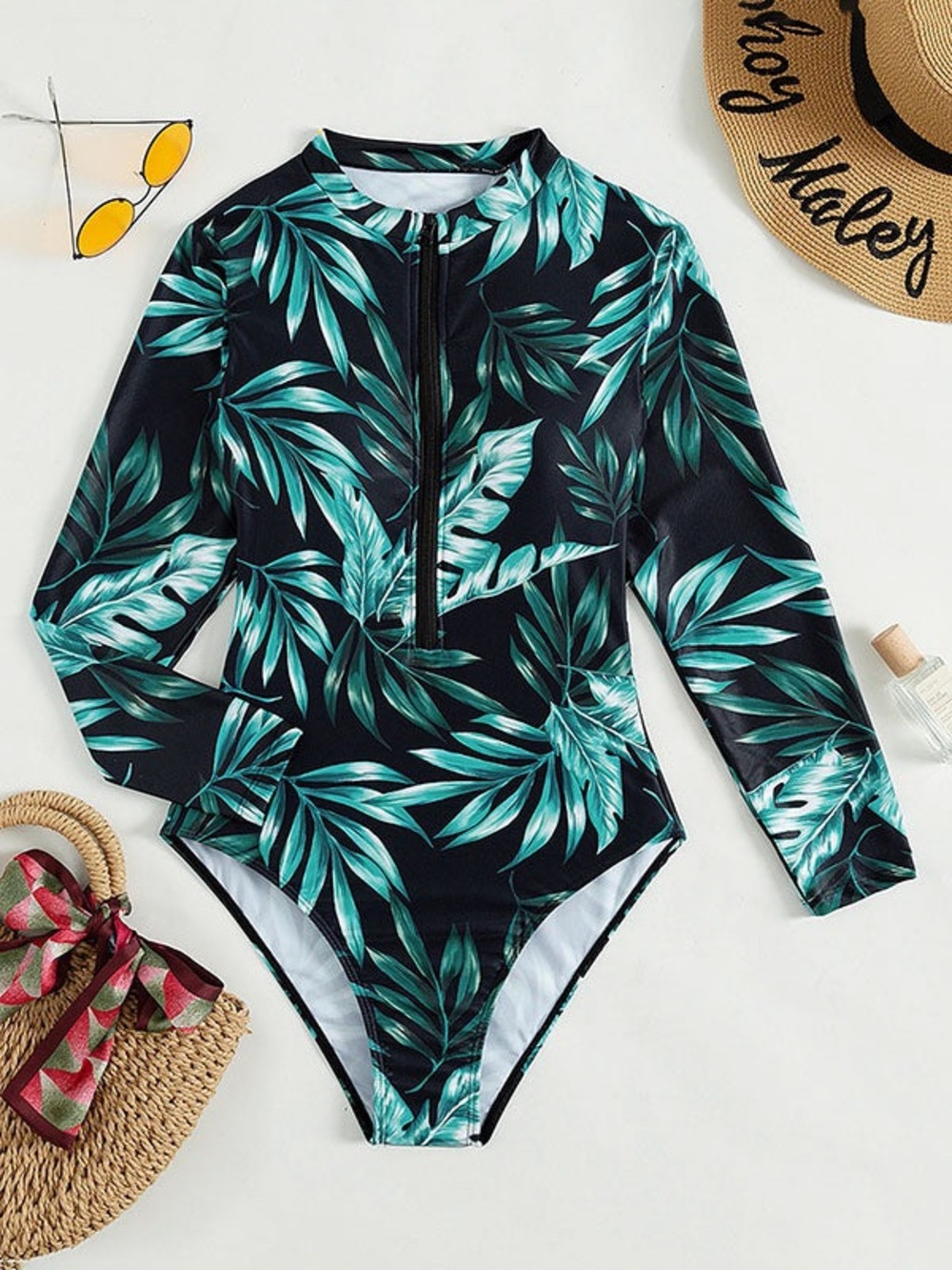 SHEIN Black One-Piece Rash Guard Swimsuit with Green Tropical Leaf Print